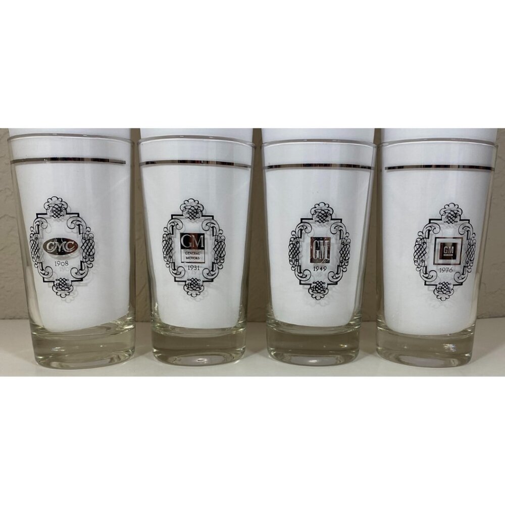 Vintage GMC 1908 & GM 1931, 1949, 1976 Tumblers Glasses Silver Rim Automobilia